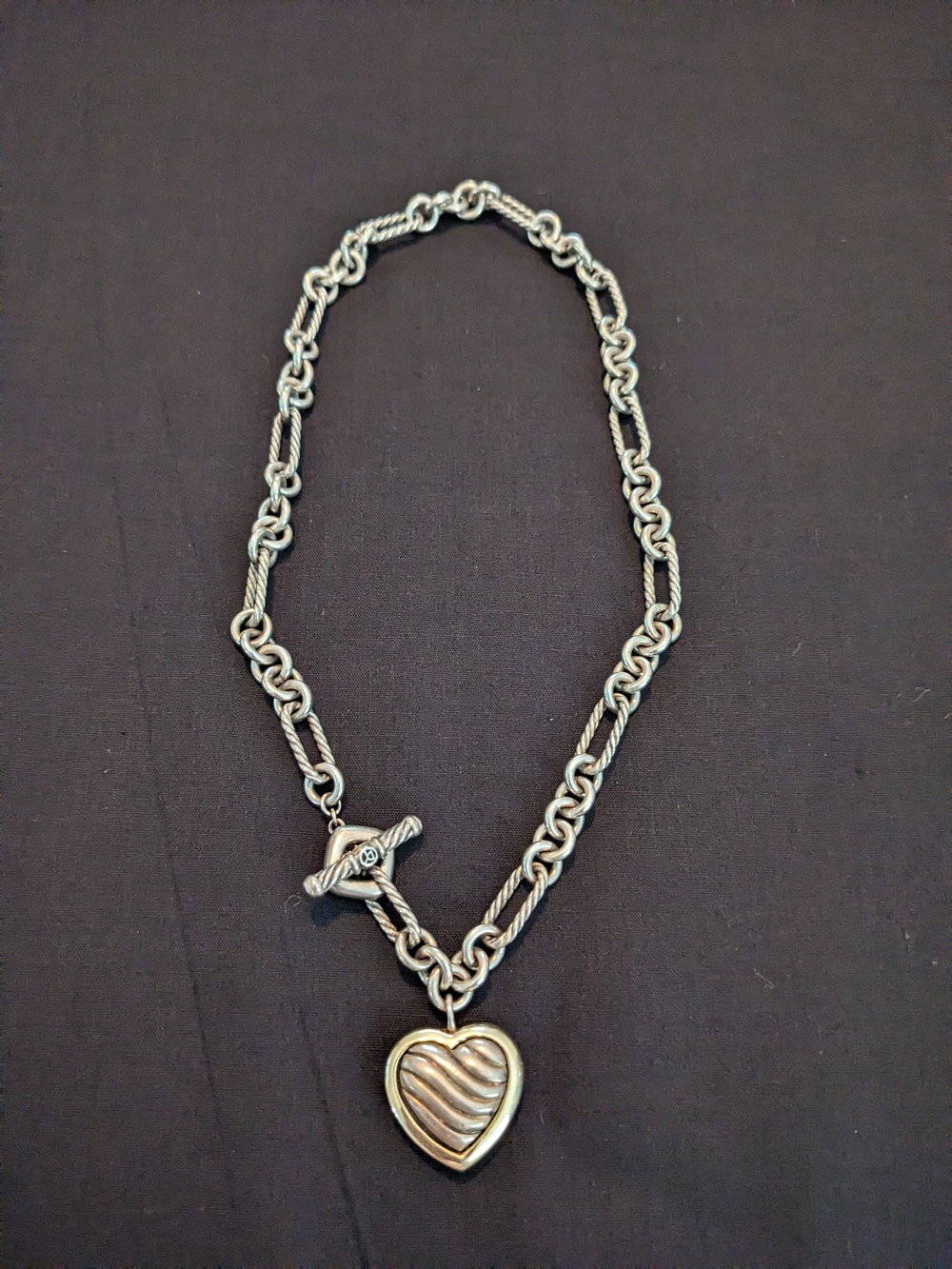 David Yurman - Heart Charm Figaro Chain Silver Heart Toggle Necklace